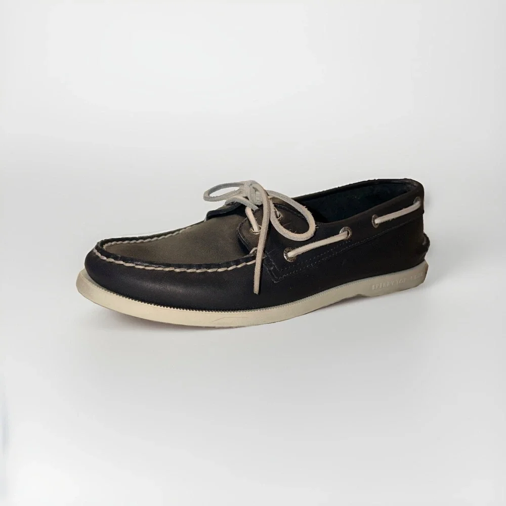 Men's Size 9M Sperry Top Sider 2 Eye Navy Blue Leather Boat Shoes Lace-Up